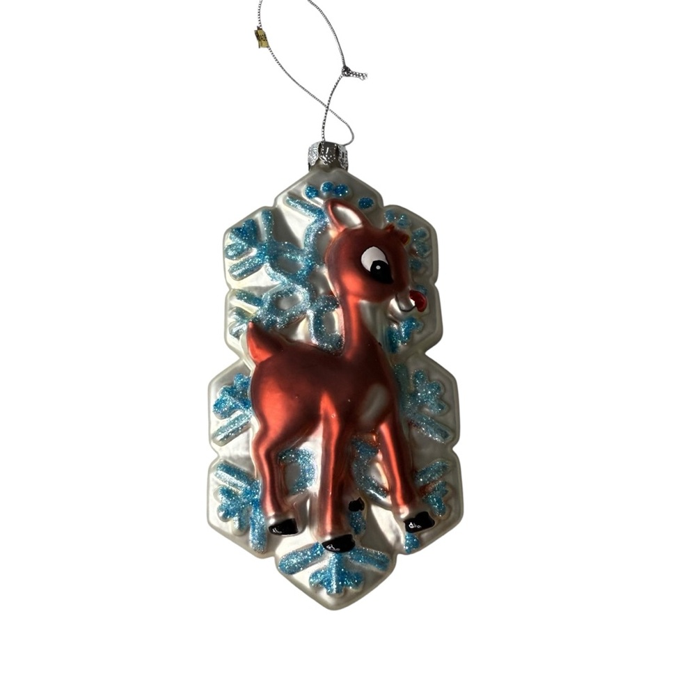 Rudolph the Red-Nosed Reindeer Glass Snowflake Christmas Ornament Blue Glitter 5